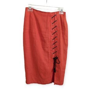 Vintage 80s 90s bright orange linen pencil skirt with side lace up detail